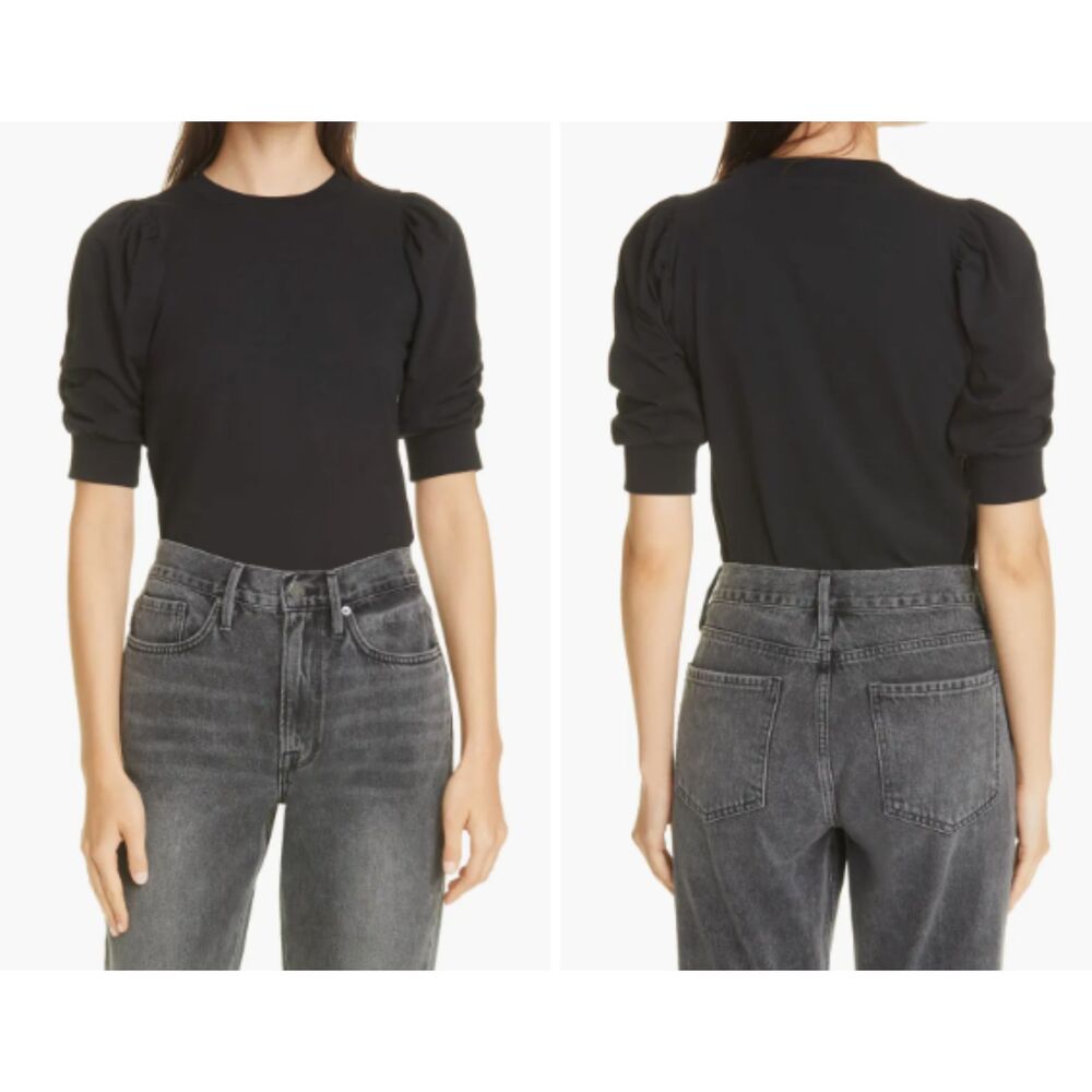 Frame Denim Black Puff-Sleeve Knit Top